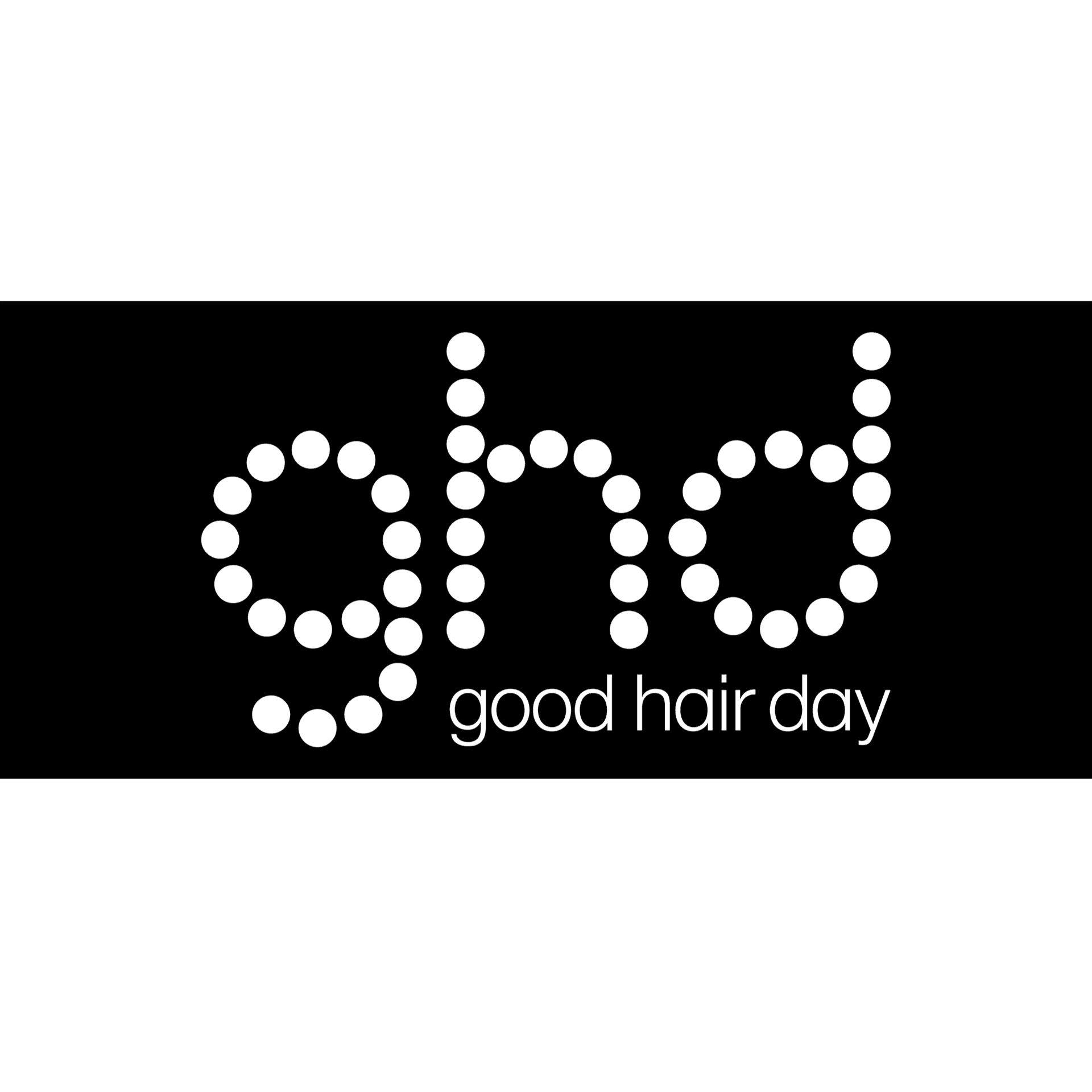 ghd logo with white dot letters on black background, text 'good hair day' below.