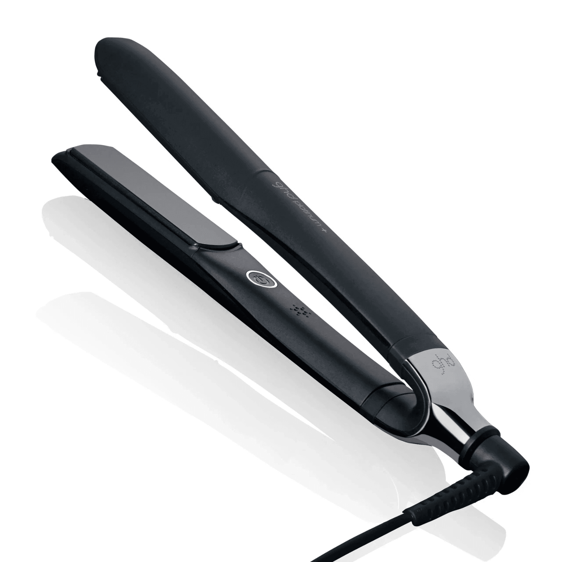 Black hair straightener with a sleek design, featuring a power button and swivel cord.