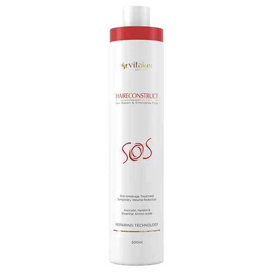 Vitaker SOS Hairconstruct bottle for hair repair and frizz elimination, 500ml size.