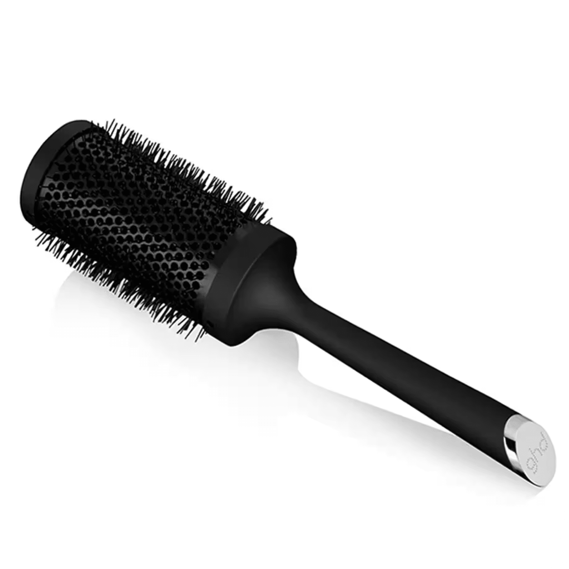 Black round hairbrush with bristles and a sleek handle on a white background.