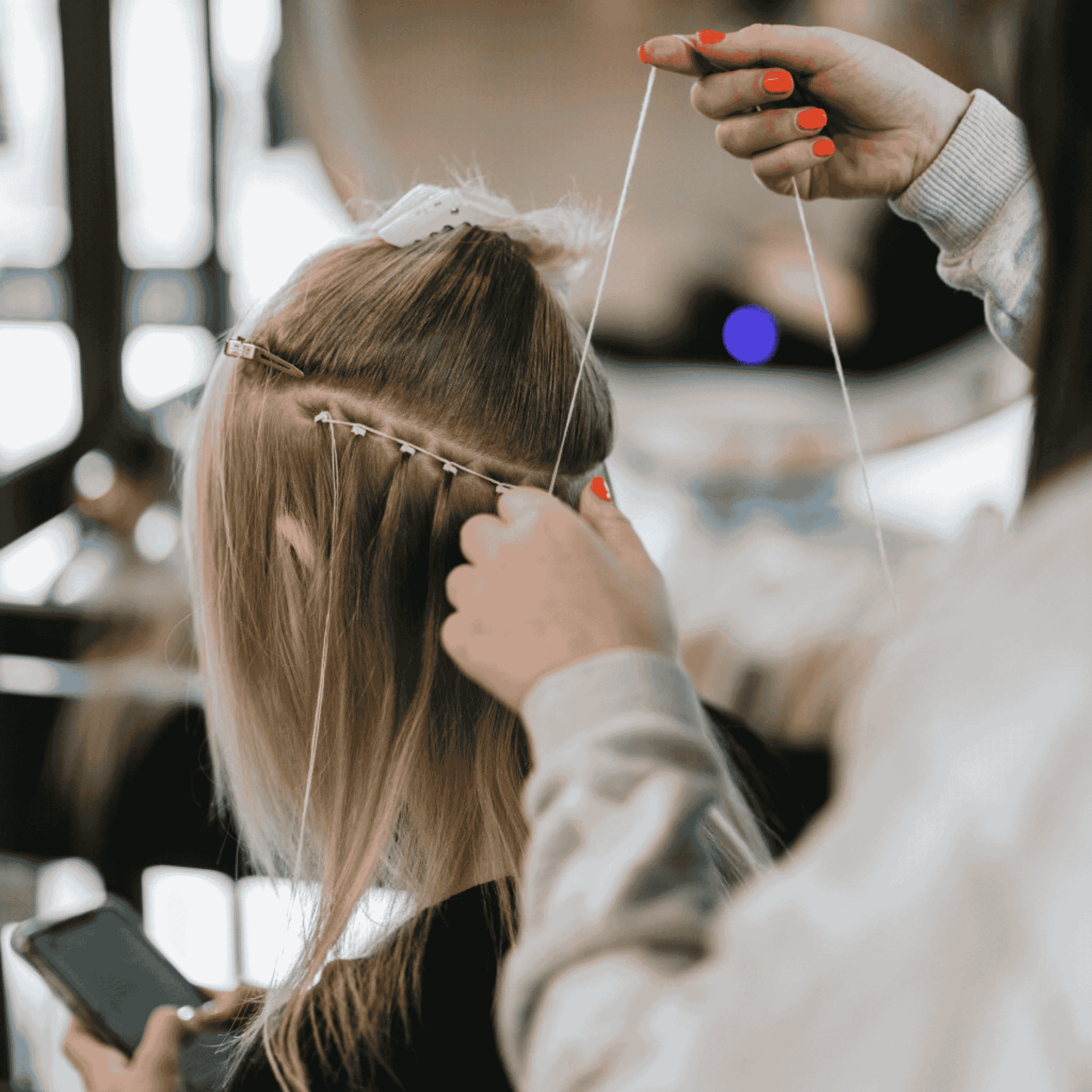 Hairdresser stitching hair extensions into client’s hair with needle and thread, client holding phone.