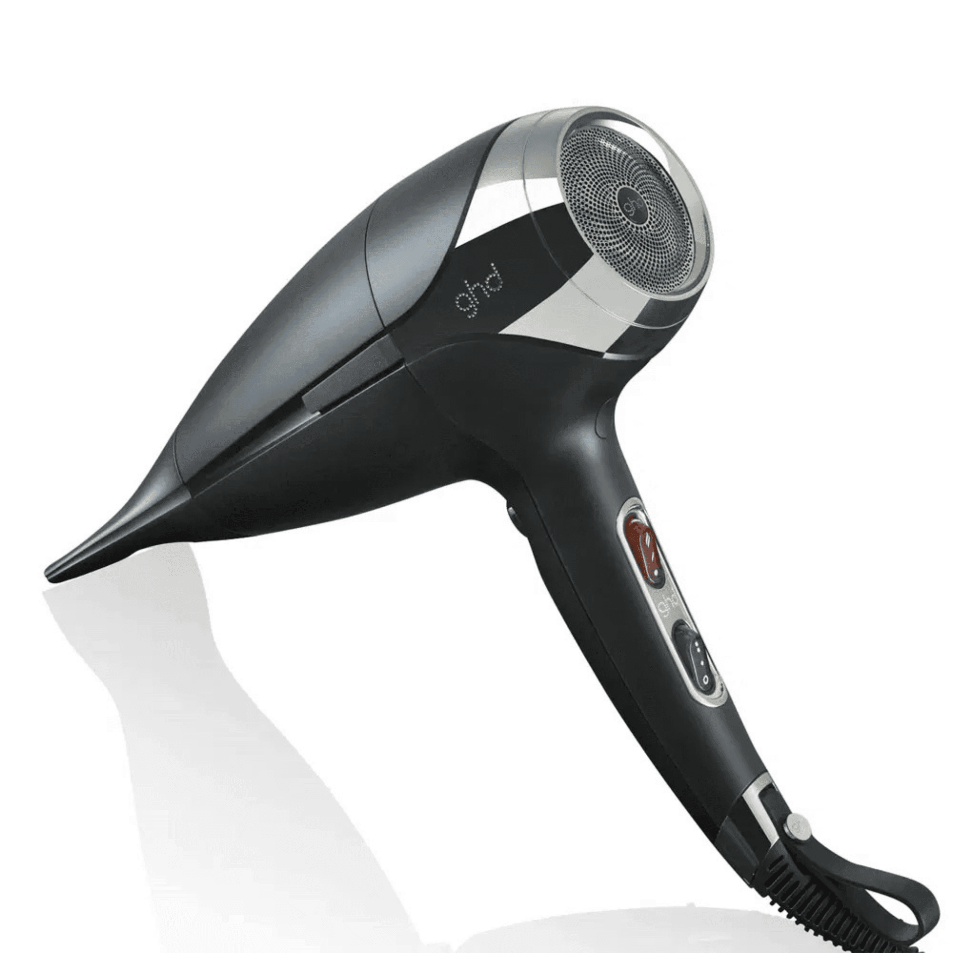 Sleek black and silver hair dryer with a modern design and ergonomic handle.